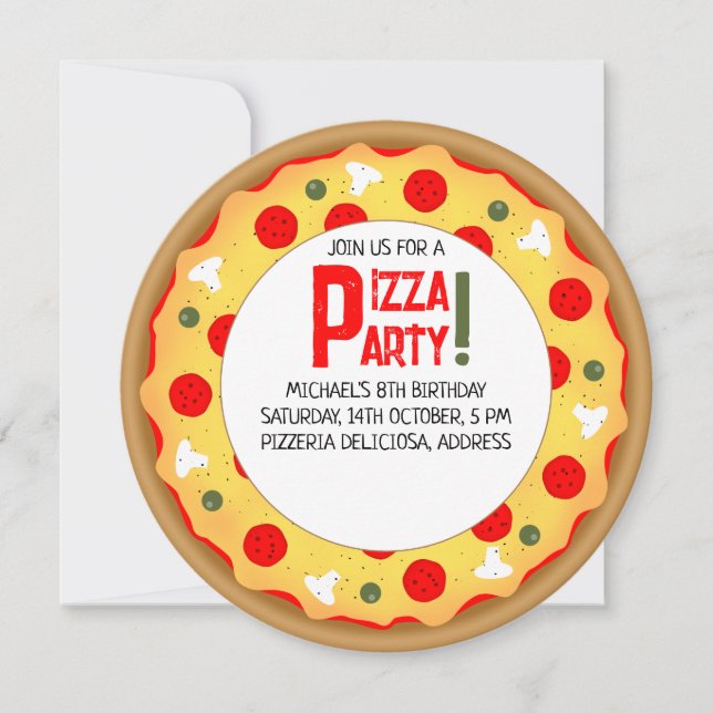 Pizza party kids birthday invitation (Front)