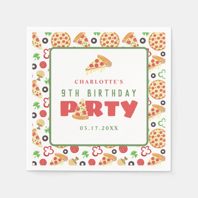 Pizza Party Modern Custom Age Kids Birthday Cute Napkin (Front)