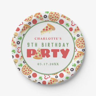 Pizza Party Modern Custom Age Kids Birthday Cute Paper Plate