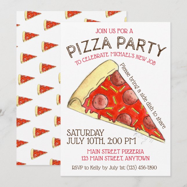 PIZZA PARTY! Pepperoni Cheese Pie Slice Pizzeria Invitation (Front/Back)
