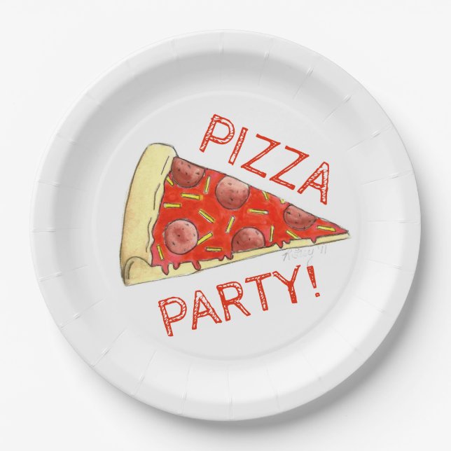 PIZZA PARTY! Pepperoni Cheese Pie Slice Pizzeria Paper Plate (Front)