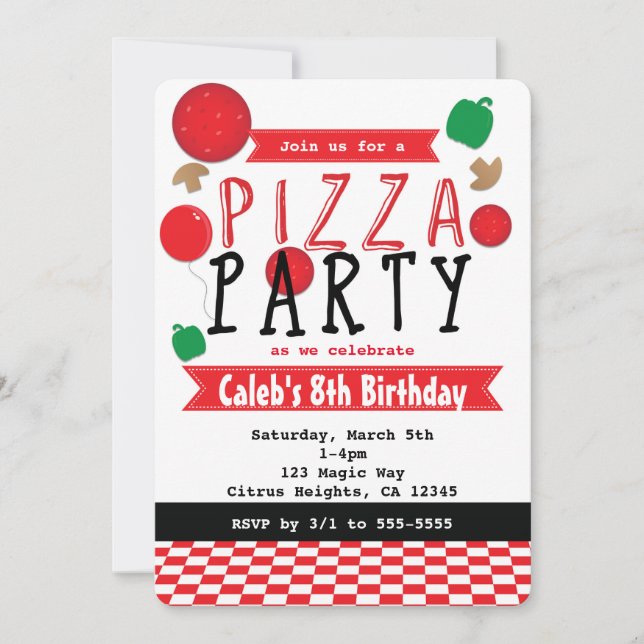 Pizza Party Red Black & White Birthday Invitations (Front)