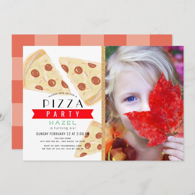 Pizza Party Red Gingham Photo Birthday Invitation (Front/Back)