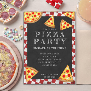 Pizza party slices kids birthday chequered retro invitation