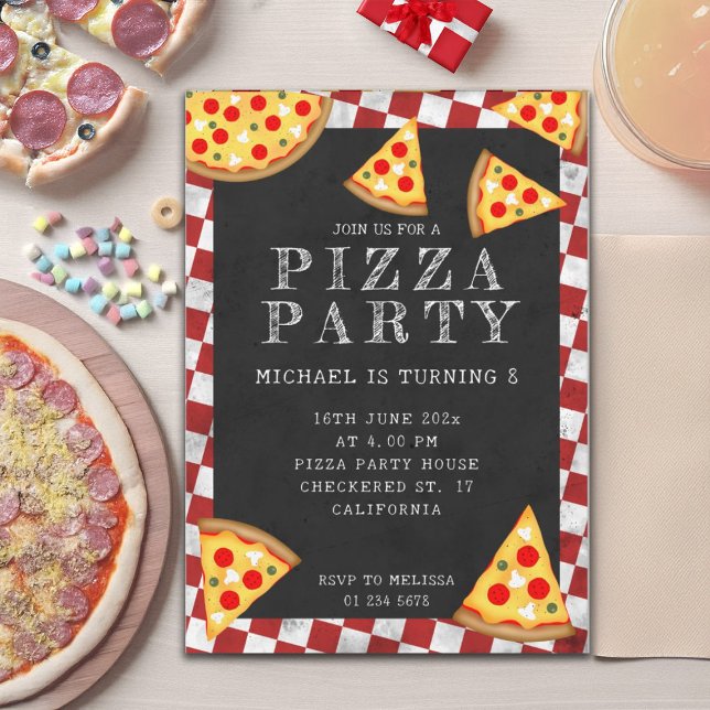 Pizza party slices kids birthday chequered retro invitation (Pizza party kids birthday checkered retro pattern Invitation. Personalize fun birthday invite.)