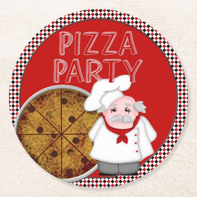 Pizza Party, Style 1-Red-Coaster Set Round Paper Coaster (Front)