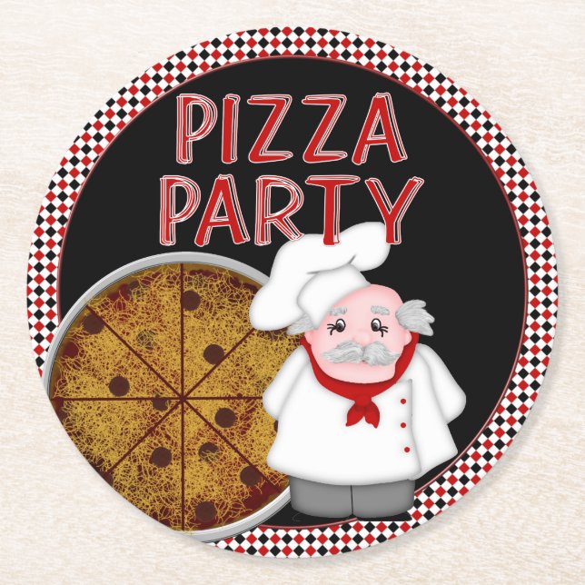 Pizza Party, Style 2-Black-Coaster Set Round Paper Coaster (Front)