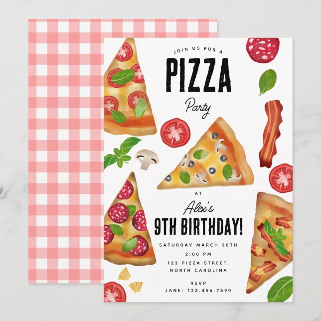 Pizza Party Theme Watercolor Birthday  Invitation (Front/Back)