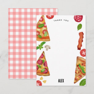 Pizza Party Theme Watercolor Birthday Kids Thank You Card