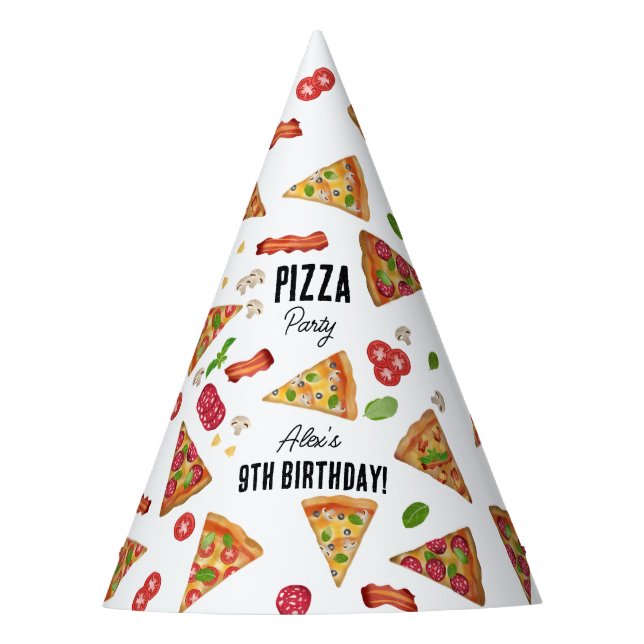 Pizza Party Theme Watercolor Kids Birthday Party Hat (Front)