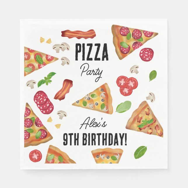 Pizza Party Theme Watercolor Kids Birthday Party Napkin (Front)