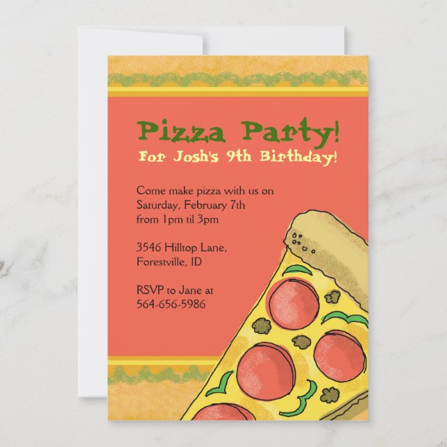 Pizza Party Themed Birthday Invitations (Front)