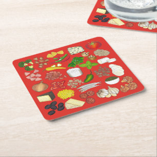 Pizza Party Toppings Italian Food Pizzeria Pie Square Paper Coaster