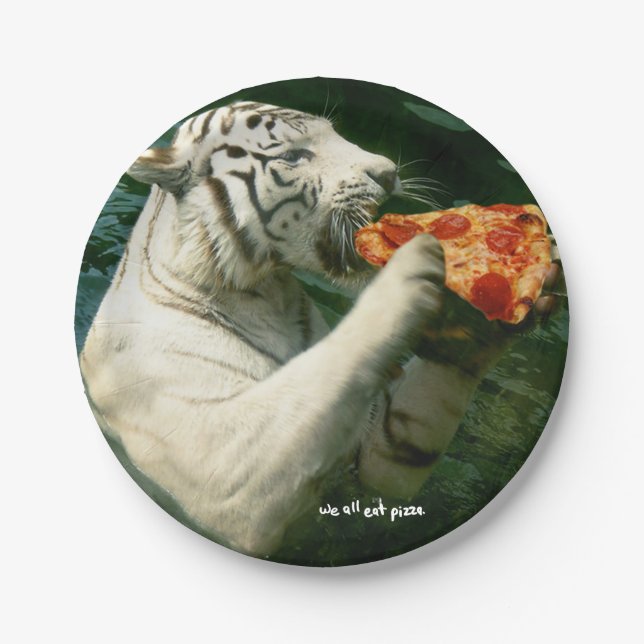pizza party - white tigers eat pizza paper plate (Front)