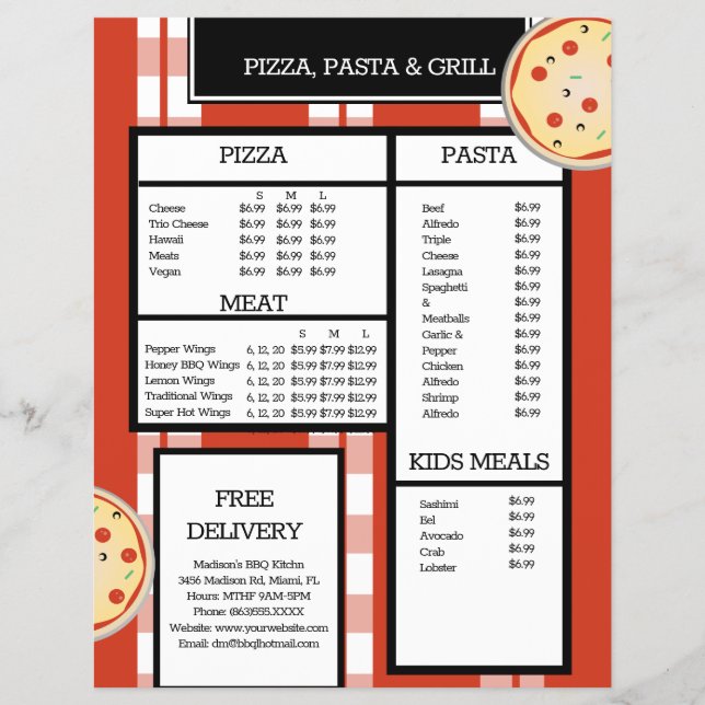 Pizza Pasta Grill Restaurant Spaghetti Menu (Front)
