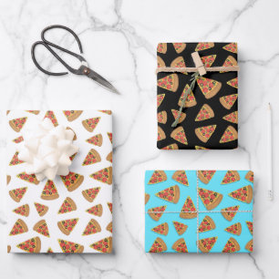 Pizza Pattern Blue Black and White Wrapping Paper Sheet