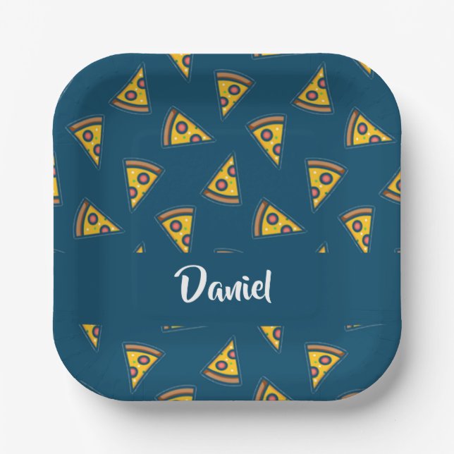 Pizza pattern on blue paper plate (Front)