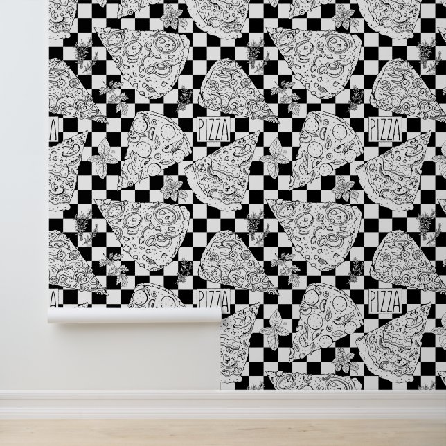 Pizza Patterned Black and White Chequerboard Wallpaper (Application)