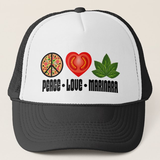 Pizza Peace Sign Tomato Heart and Basil Leaves Trucker Hat (Front)