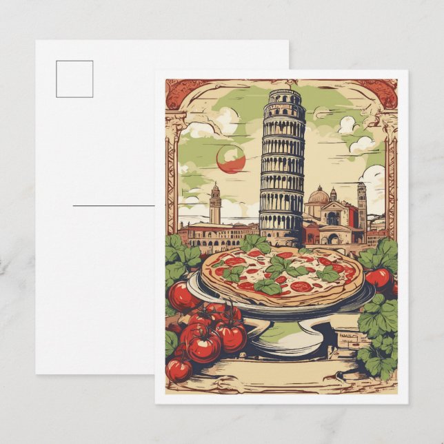Pizza Pisa Italy Vintage Travel Illustration Postcard (Front/Back)