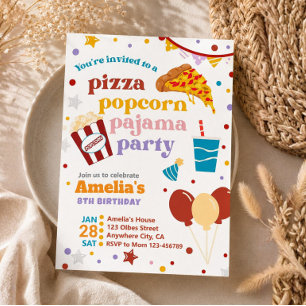 Pizza Popcorn and Pyjamas Birthday Invitation