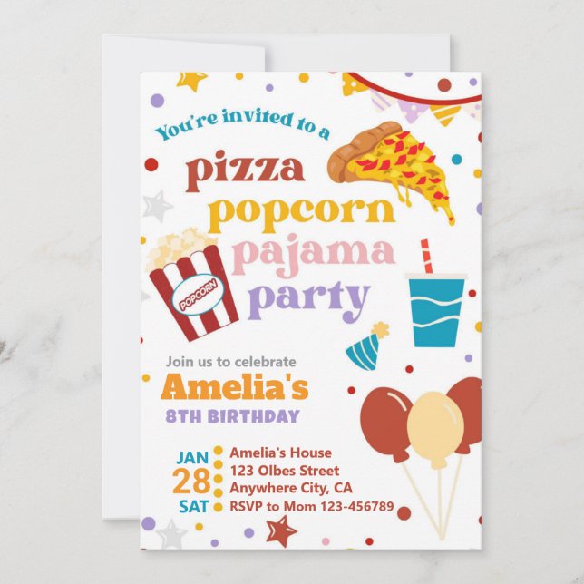 Pizza Popcorn and Pyjamas Birthday Invitation (Front)