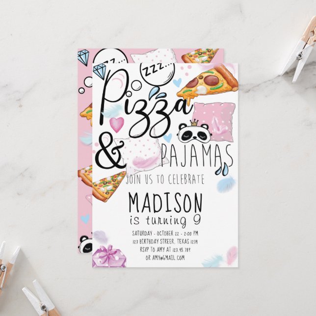Pizza & Pyjamas Slumber Party Invitation (Front/Back In Situ)