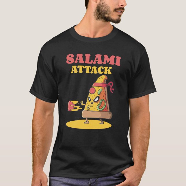 Pizza Slice Motif Ninja Salami Attack Pizza Cheese T-Shirt (Front)