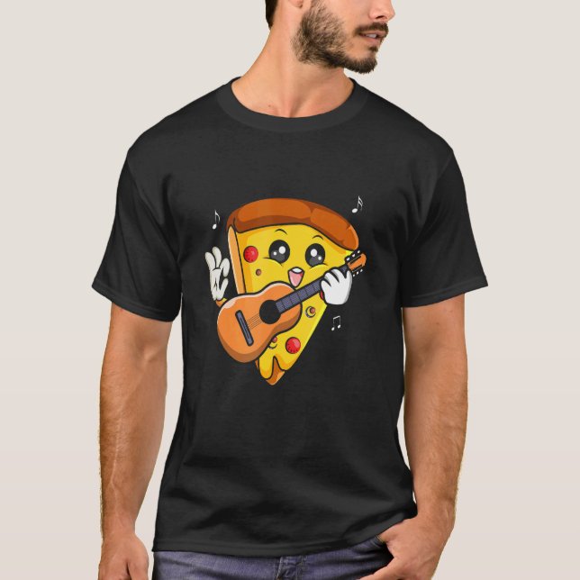 Pizza Slice Playing Guitar Bass Music Rock Guitari T-Shirt (Front)
