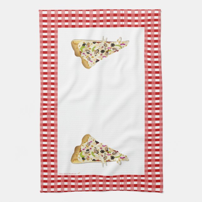 Pizza Slice Red Checks Border Tea Towel Dish Towel (Vertical)
