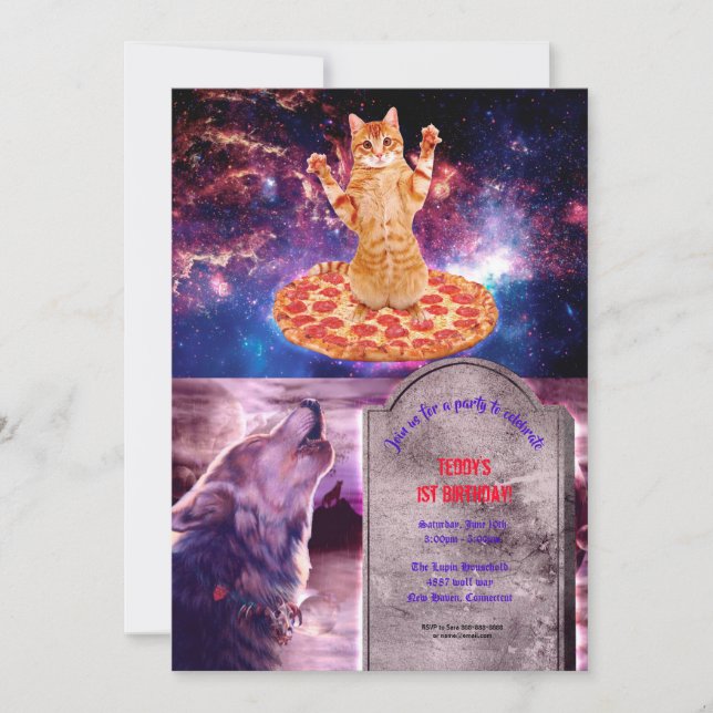 Pizza space cat invitation (Front)