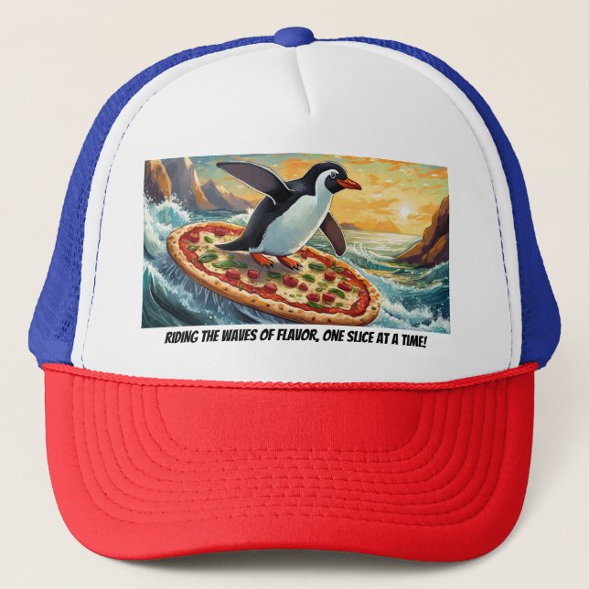 Pizza Surfing Penguin Cap (Front)