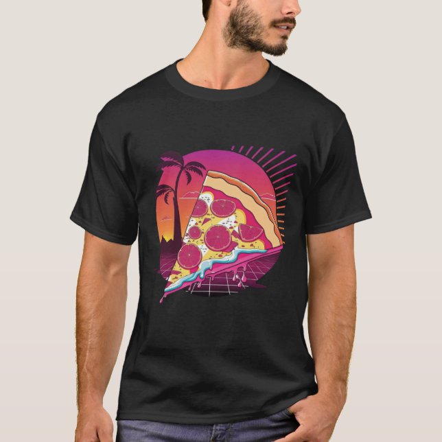 Pizza Synthwave 80s Retrowave Aesthetic T-Shirt (Front)