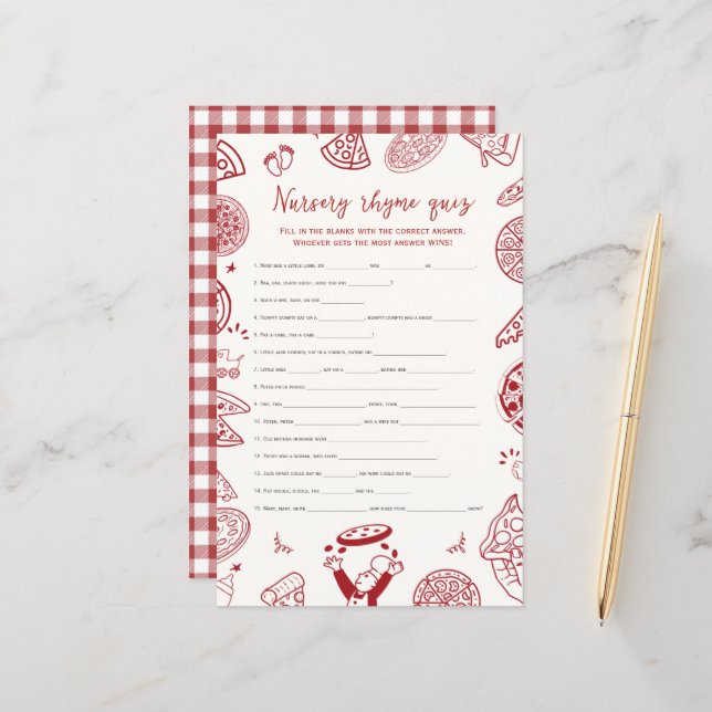 Pizza theme nursery rhyme quiz baby shower game (Front/Back In Situ)