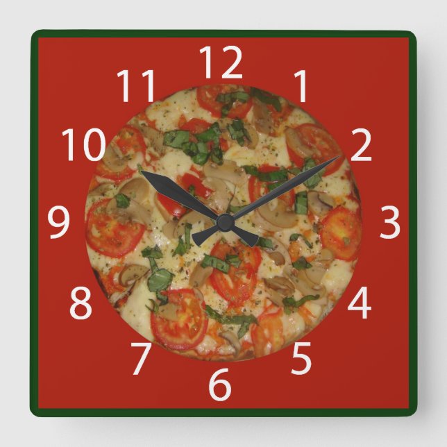 Pizza Time - Red border & White Numbers Square Wall Clock (Front)