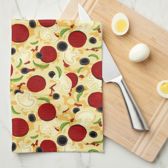 Pizza Toppings Pattern Tea Towel (Quarter Fold)