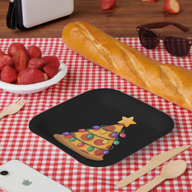 Pizza Tree Christmas Lights Pizza Lover Family  Paper Plate (Picnic)