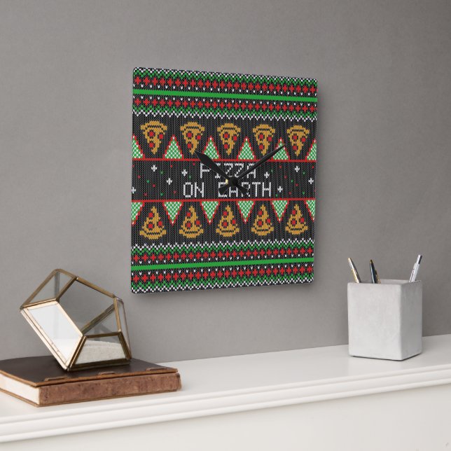 Pizza Ugly Christmas Sweater Square Wall Clock (Office)