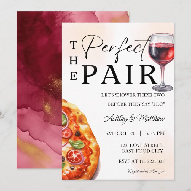Pizza Wine Perfect Pair Couple Coed Wedding Shower Invitation (Front/Back)