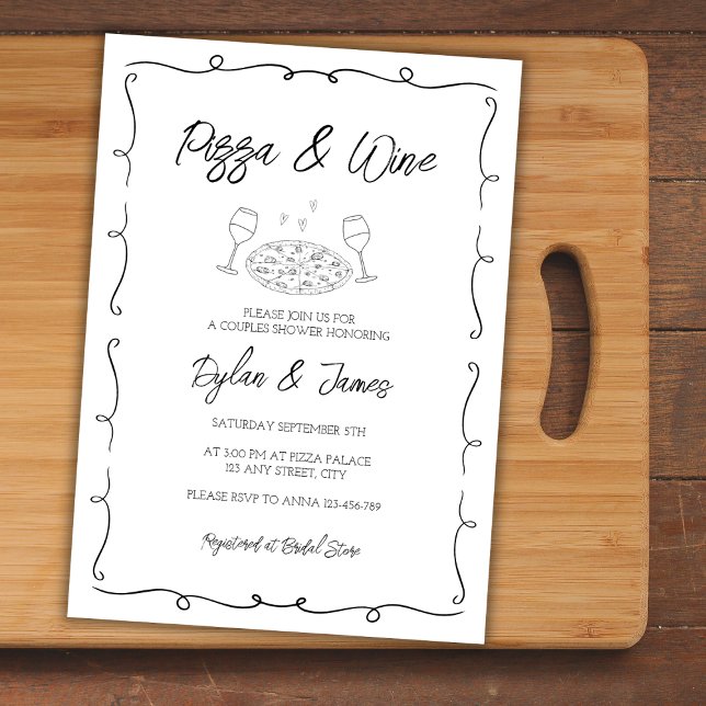 Pizza & Wine Scribble Hand Drawn Couples Shower Invitation (Pizza & Wine Scribble Hand Drawn Couples Shower Invitation)