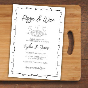 Pizza & Wine Scribble Hand Drawn Couples Shower Invitation