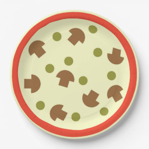 Pizza with Mushrooms Olives Cheese Tomato Sauce Paper Plate