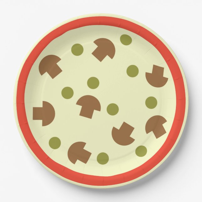 Pizza with Mushrooms Olives Cheese Tomato Sauce Paper Plate (Front)