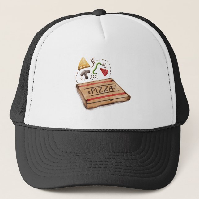Pizzeria Pizza Box with the Works Toppings Trucker Hat (Front)