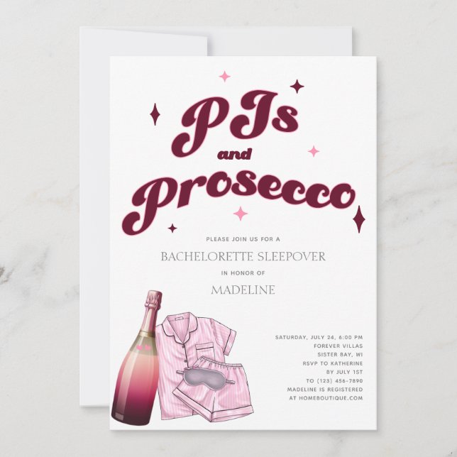 PJs and Prosecco Pyjamas Bachelorette Party Invitation (Front)