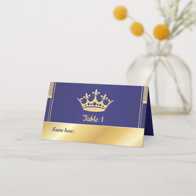 Place Card - Royal Gold Blue Prince King theme (Front)