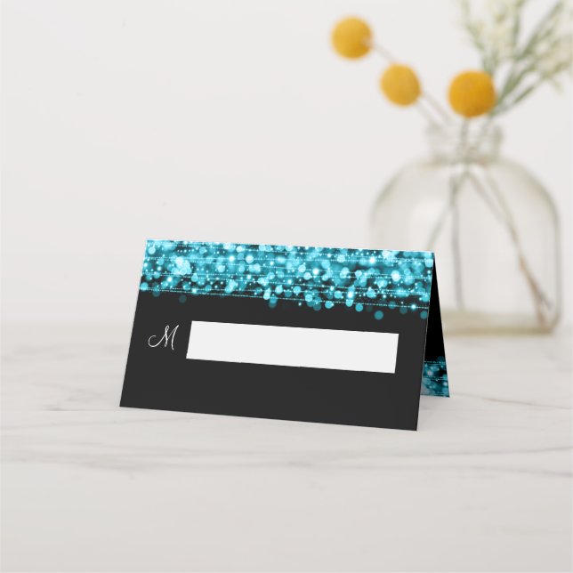 Place Card Wedding Party Sparkles Turquoise (Front)