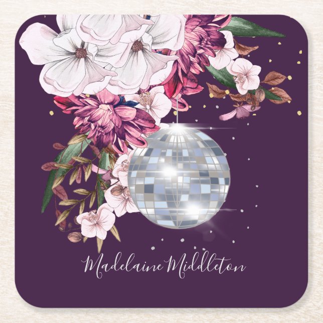 Place Escort Name Seating Disco Floral Burgundy Square Paper Coaster (Front)