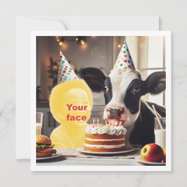 Place my face in the picture, cow birthday party card (Front)