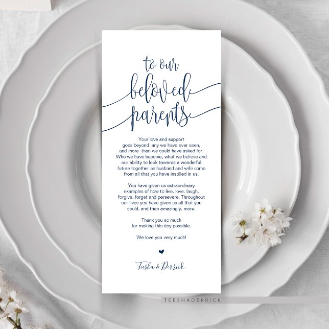 Place Setting Thank You Card for beloved Parents (Wedding Dinner or Elopement Brunch Place Setting Thank You Card, In Modern Classy Navy Blue themed)